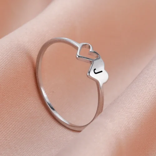 COOLTIME Initial Letter Ring for Women Stainless Steel A-Z Alphabet Double Heart Finger Ring Fashion Wedding Jewelry Couple Gift 1