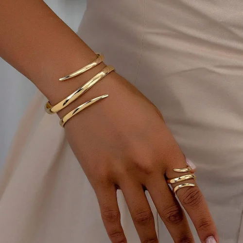 European And American Thick Bracelet And Ring Jewelry Set For Women Gold Color Geometric Line Bracelet Ring Combination Set Gift 1