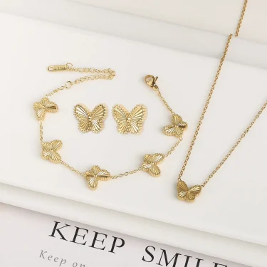 High Quality Metal Stainless Steel Laser Butterfly Jewelry Set Bracelet Necklace Earrings Luxury for Women Party Jewelry Clover 1