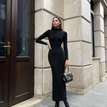 Women Elegant Long Sleeve Knitted Maxi Dress High Neck Bottoming Striped Sweater Slim Long Dress Bodycon Party Club Streetwear 6