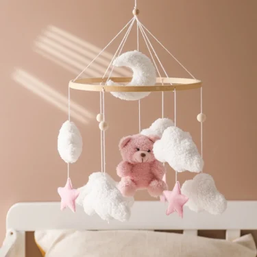 Baby Crib Mobile Rattle Toy 0-12Months Infant Soft Felt Teddy Velvet Pink Bear Bed Bell Hanging Toy Holder Bracket Crib Girl Toy 1