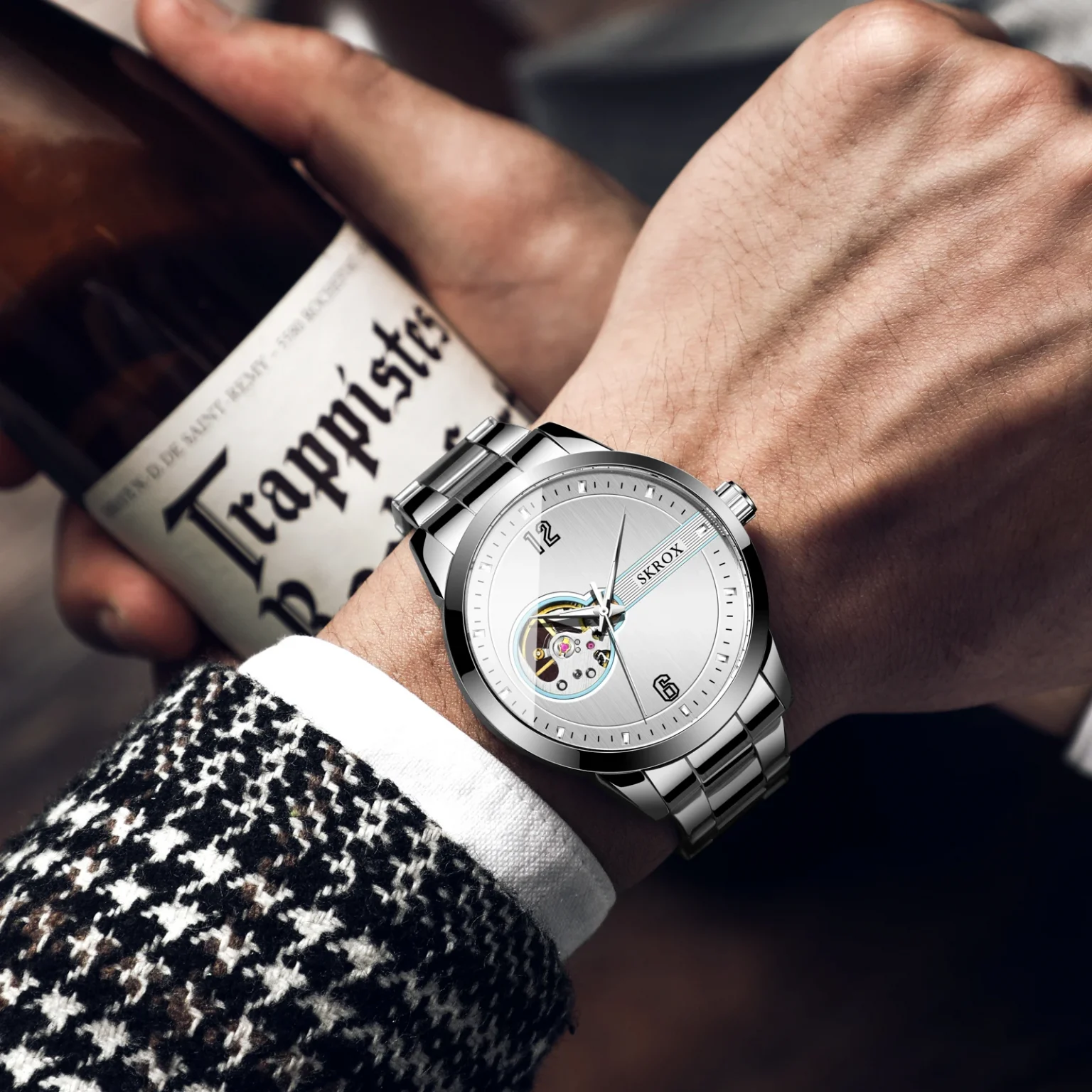 SKROX Original Luxury Brand Waterproof Tourbillon Automatic Clock Steel Skeleton Mechanical Man Watch Business Male Wristwatches 4
