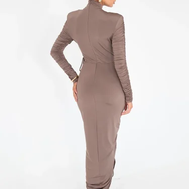 Mozision Long Sleeve Ruched Sexy Maxi Dress For Women Autumn Winter New Drawstring Turtleneck Bodycon Sexy Long Dress Elegant 3