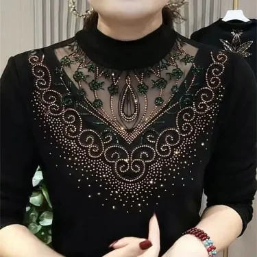 2023 Autumn and Winter Women's Pullover Half High Neck Lace Hollow Out Rhinestone Slim Underlay Fashion Casual Long Sleeve Tops 1