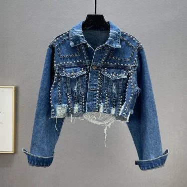 New Spring and Fall Fashion for Women Heavy Industry Rivet Diamond Setting Denim Jacket Grinding Broken Beaded Denim Jacket Y2k 1
