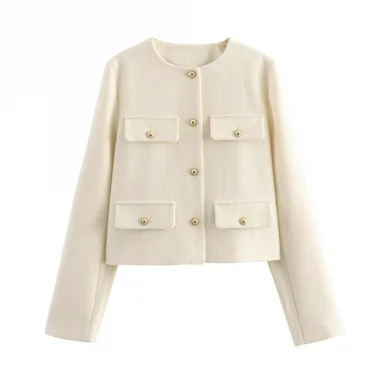 UNIZERA Winter New Product Women's Fashion and Casual Versatile Round Neck Flip Decoration Short Suit Coat 2
