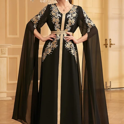 Siskakia Dubai Fashion Elegant Super Long Sleeve Black Long Dresses Sequins Appliques Belted Party Abayas Arab Saudi Women Robe 1