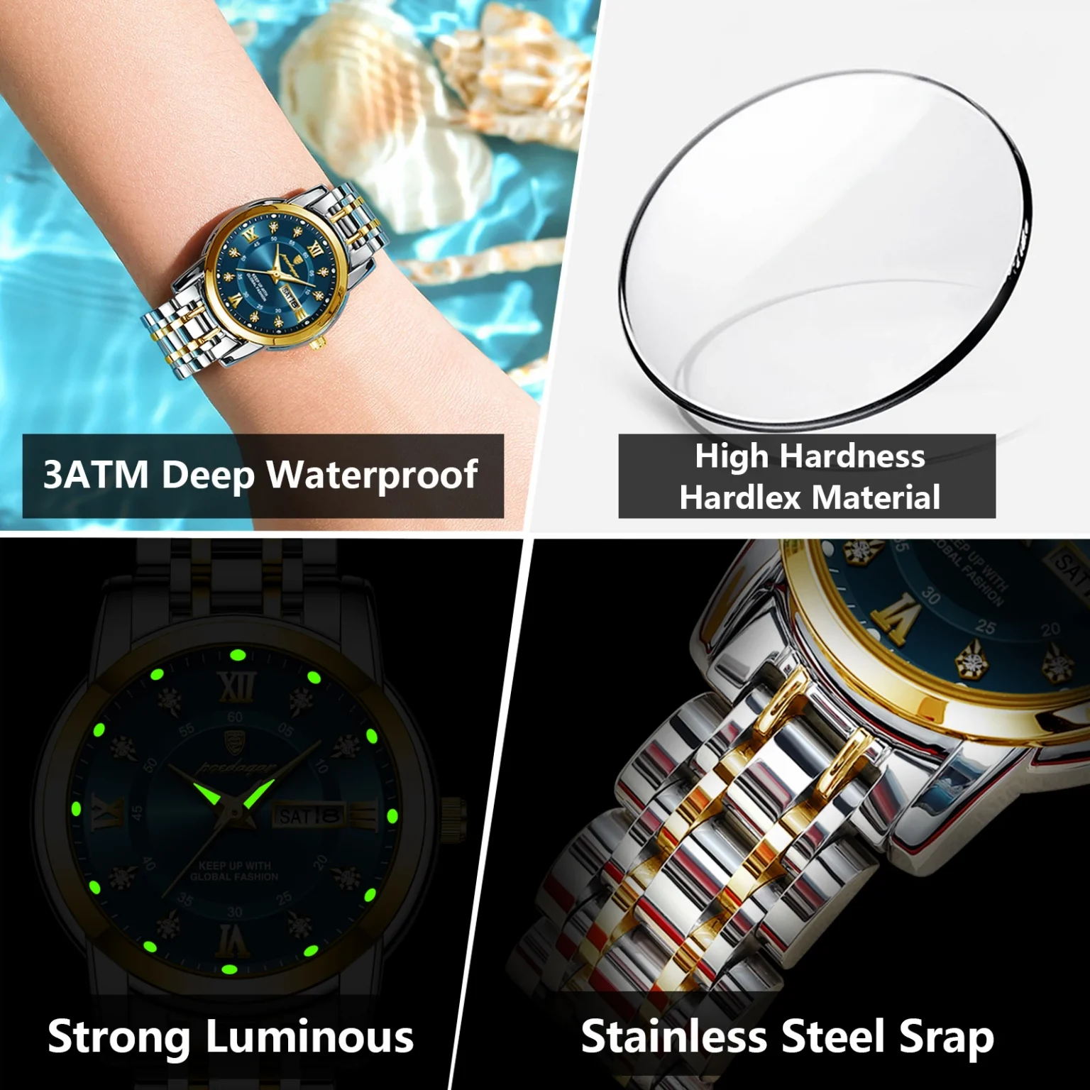 POEDAGAR Women Wristwatch Luxury Quartz Ladies Watch Waterproof Stainless Steel Luminous Date Week Women's Watches Dress Clock 3