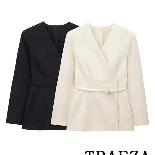 TRAFZA Vintage Chic Women Blazer Solid Belted Wrap V-Neck Long Sleeve Blazer New Fashion 2025 Autumn Winter Office Lady Blazers 1