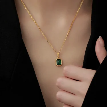 Retro Square Green Zircon Pendant Necklace For Women Titanium Steel Necklace Girls Wedding Engagement Jewelry 4