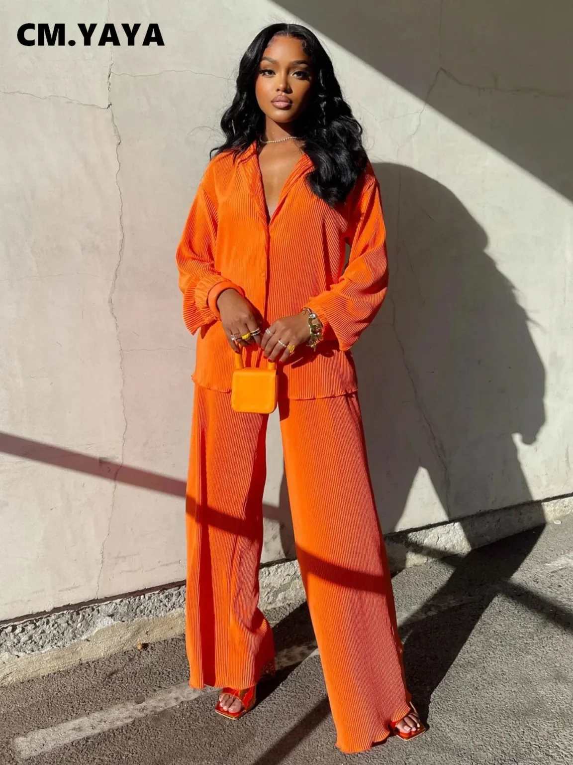 CM.YAYA Street Women's Set Long Sleeve Shirt Tops and Wide Leg Pants Elegant Tracksuit Two Piece Set Sweatsuit Fitness Outfits 1