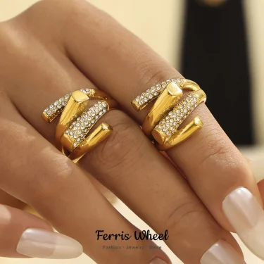 Y Shape Designer Chic Stainless Steel Rings For Women White CZ Gold Plated Finger Ring Charm Waterproof Jewelry Gift 1