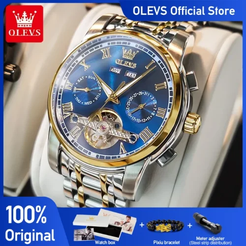 OLEVS Men's Watches Automatic Mechanical Business Wristwatch Waterproof Stainless Steel Strap Watch for Man Skeleton Calendar 1