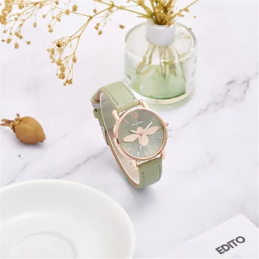 Fashion Casual Female Quartz Clock Simple Little Bee Design Women Watches Vintage Green Leather Ladies Luxury Wristwatches 4