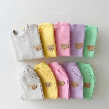 Baby Bear Embroidery Fleece Pullover Set Sweatshirt Tops+Harem Jogger Pants Suits 2pcs Girls Boys Lined Clothes 6