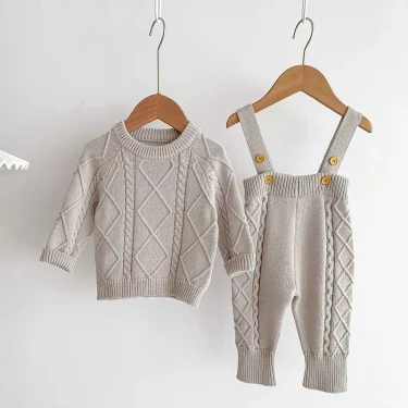 Autumn Spring Korean Style Newborn Baby Girls Boys Solid Color Knitting Clothing Set Sweater Overall Children Clothes Suit 3