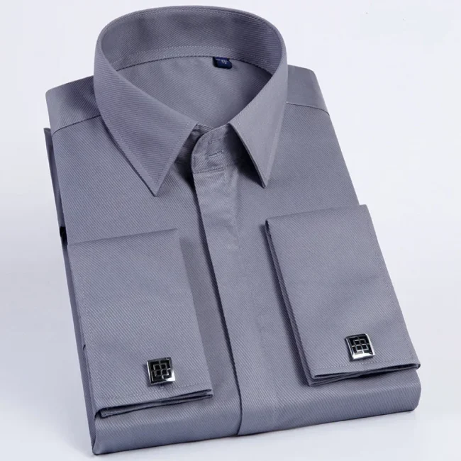 Spring Autumn Men's French Cufflinks Business Dress Shirt Sleeve Pin Solid Color Non-iron Shirts Slim Fit Party Men's Wear 4