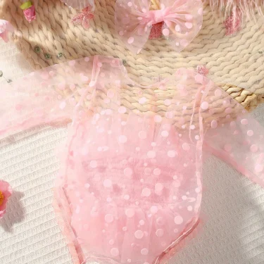 Ylsteed Pink Polka Dot Newborn Photography Romper with Bow Headband Baby Girl Photoshoot Outfits 1 Month Infant Picture Props 3