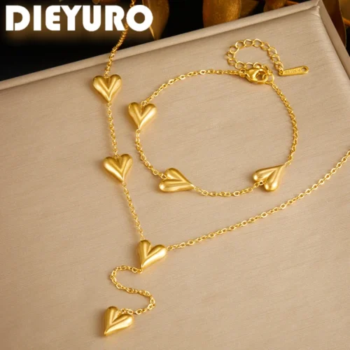 DIEYURO 316L Stainless Steel Heartshaped Gold Color Bracelet Necklace For Girl Delicate Fashion Simplicity Pendant Jewelry Suit 1