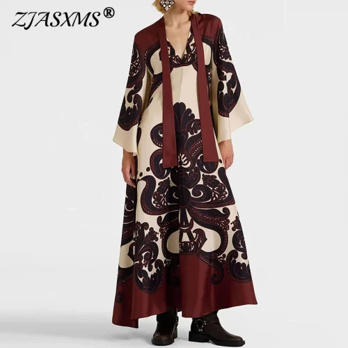 Muslim Ethnic Pattern Print Vintage Dress for Women Sexy V Neck Lace-up Long Dress Spring Fall 3/4 Sleeve Loose Party Maxi Dress 1