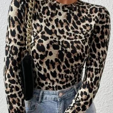 Sexy Tight Women's Bodysuits Women's Small Stand Collar Long Sleeve Fashion Leopard Print Tight Girly Style Bodysuit Top 3