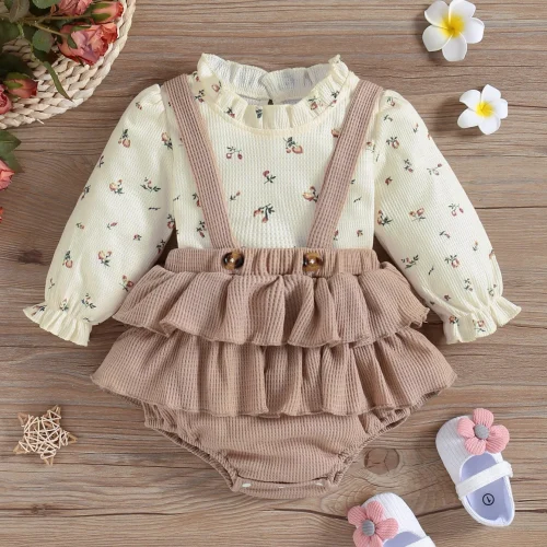 2Pc Kids Baby Gilr Summer/ Spring Long Sleeve Printing Floral Bohemian Suspenders Suit 1