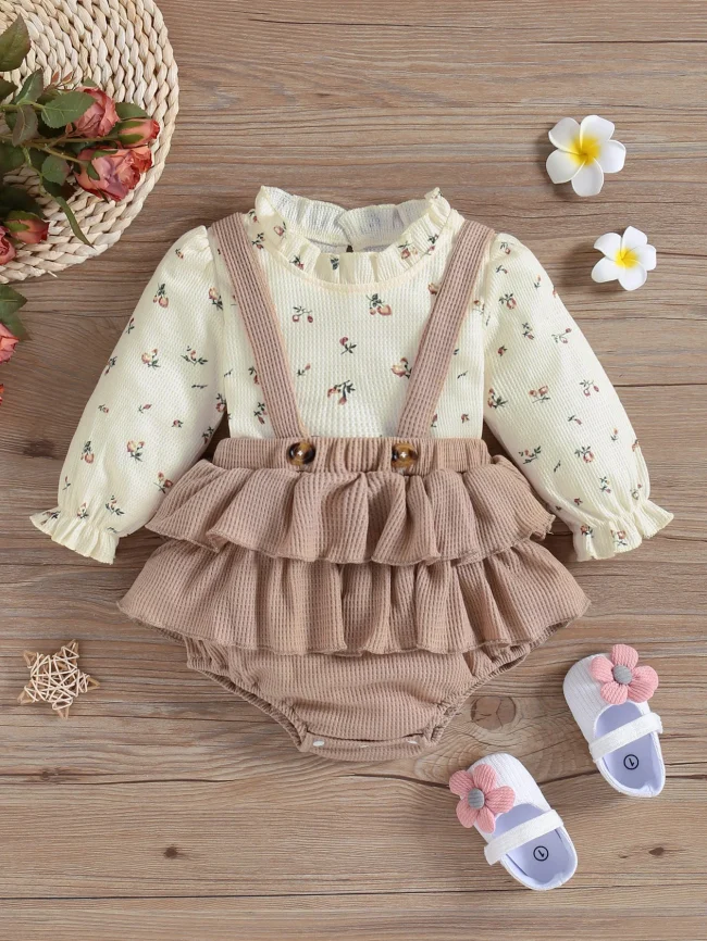 2Pc Kids Baby Gilr Summer/ Spring Long Sleeve Printing Floral Bohemian Suspenders Suit 1