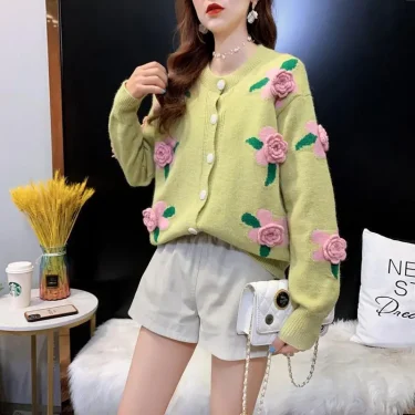 Sweater Female 2023 Spring and Autumn Knitwear Women Heavy Industry Rose Blossom Embroidery Contrast Sweater Coat Cardigan 5