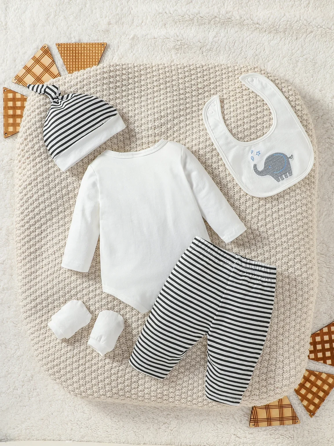 4Pcs Baby Boys Spring/Autumn Long Sleeve Cartoon Elephant Boysuit+ Stripe Trouser For Outfits Chlothing+Hat+Bib+Gloves 2