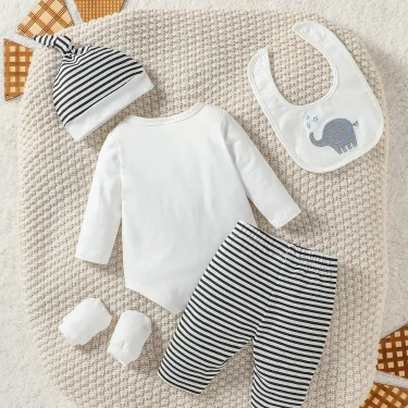 4Pcs Baby Boys Spring/Autumn Long Sleeve Cartoon Elephant Boysuit+ Stripe Trouser For Outfits Chlothing+Hat+Bib+Gloves 2