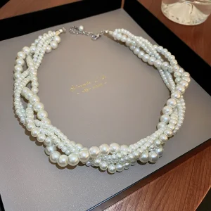 Korean Style Twining Pearl Choker Necklaces for Women Geometric Necklaces Weddings Bride Jewelry Accessories 1