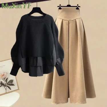 2023 Autumn/Winter New Korean Elegant Splice Fake Two Piece Knitted Sweater Dress Matching Set Women's Chic Pullover Skirt Set 5