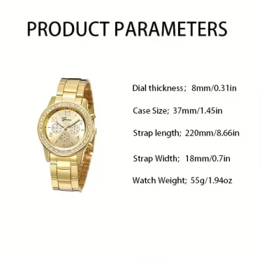 5 PCS Set Gold Watch Women Luxury Ring Necklace Earrings Rhinestone Fashion Wristwatch Female Casual Watches Bracelet Set 3