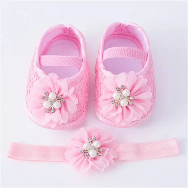 0-18months Baby Girls Shoes And Headband Soft Sole Non-Slip Pearl Flower Princess Wedding Dress Crib Shoes For Newborn Girls 4