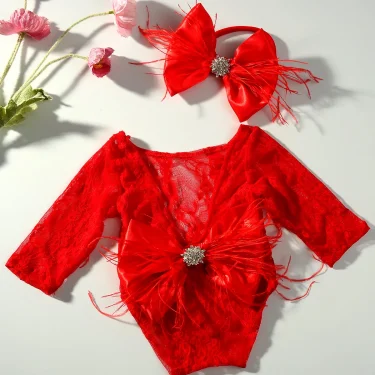 Ylsteed Newborn Lace Romper Photography Outfit Baby Girl Back Big Bow Costume for Photoshoot Infant Picture Props 2
