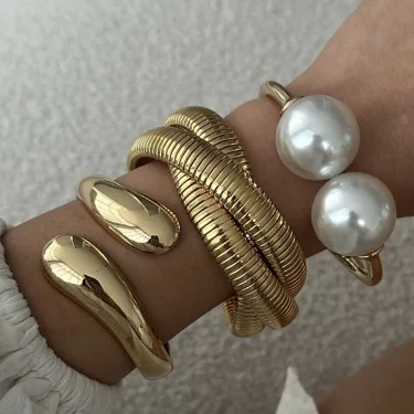 DIEZI Hip Hop Pearl Wide Cuff Bangles Punk Fashion Gold Silver Color Geometric Spring Bangles For Women Bracelet Men Jewelry 1