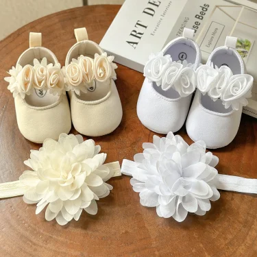 2pcs Baby Girls Flat Shoes With Flower Decor Princess Crib Shoes First Walker Shoes & Headband For Newborn Infant 1