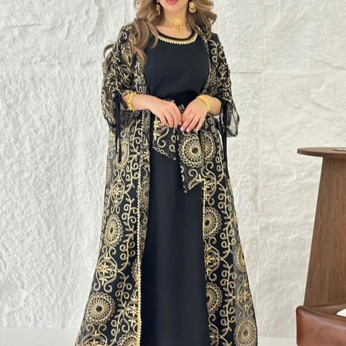 55.Dubai Siskakia Ramadan Embroidery stylish abaya Two -piece Muslim Elegant Women Evening Dress O-Neck Belted Kaftan 1