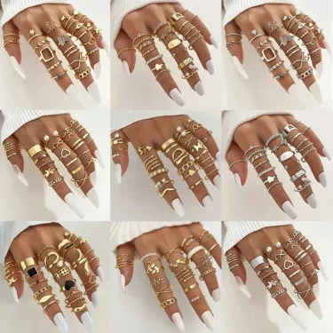 Boho Gold Color Rings Set For Women Fashion Cubic Zircon Heart Star Moon Flower Finger Rings Female Simple Trendy Jewelry Gifts 1