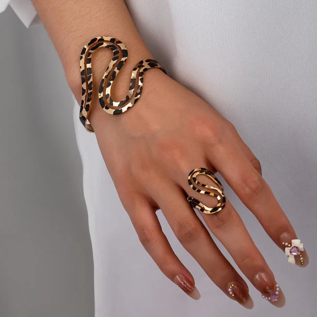 Minimalist 2PCS Gold-plated Snake Shaped Bracelet Bangles for Women Fashion Metal Girls Geometric Ring Jewelry Sets 3