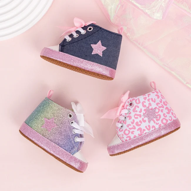 Newborn Baby Boys Girls High Tops Star Sneakers Soft Anti-Slip Sole Moccasins Infant Newborn Toddler First Walking Crib Shoes 4