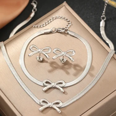 Stainless Steel Jewelry Set Blade Chain Bow Design Bracelet Necklace Earrings 3 Piece Jewelry Set For Women Jewelry Party Gifts 4