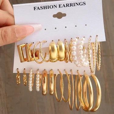 Boho Big Circle Hoop Earring Set for Women, Gold Color Bohemia Vintage Pearl Earring Heart Zircon Ear Studs Jewelry Gifts 2