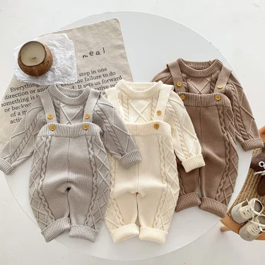 Autumn Spring Korean Style Newborn Baby Girls Boys Solid Color Knitting Clothing Set Sweater Overall Children Clothes Suit 2