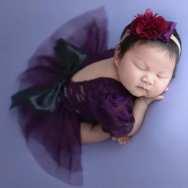 Ylsteed Purple Dusty Pink Newborn Lace Photography Outfits Big Bow Mesh Romper with Hairband Baby Girl Photography Clothes 1