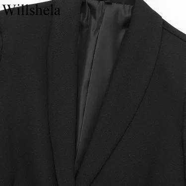Willshela Women Fashion Satin Black With Feather Blazer Jacket Vintage Notched Neck Single Button Long Sleeves Female Outfits 3