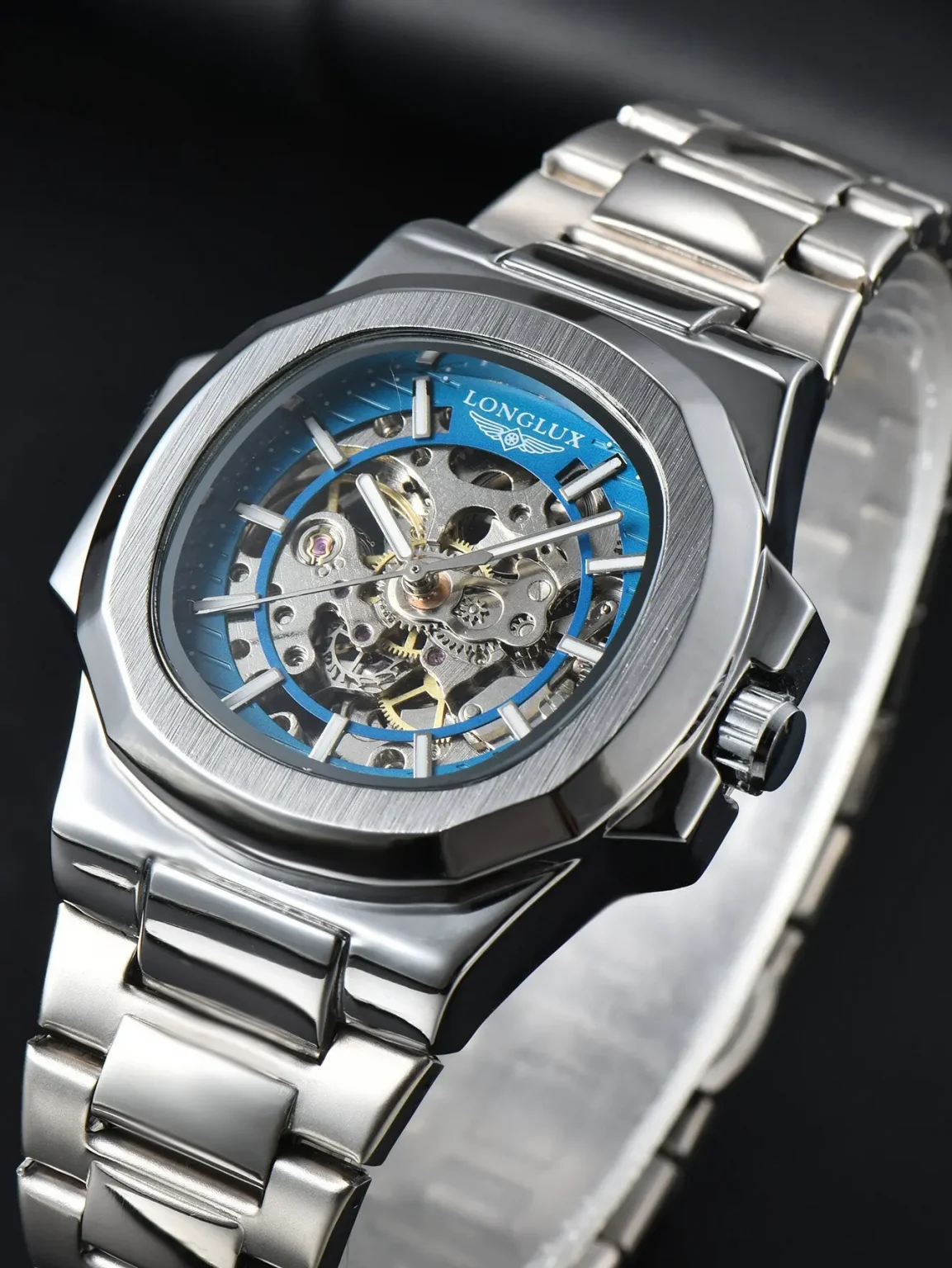 LONGLUX automatic man watch luxury mechanical wristwatches stainless steel skeleton waterproof mens watch men gift 2