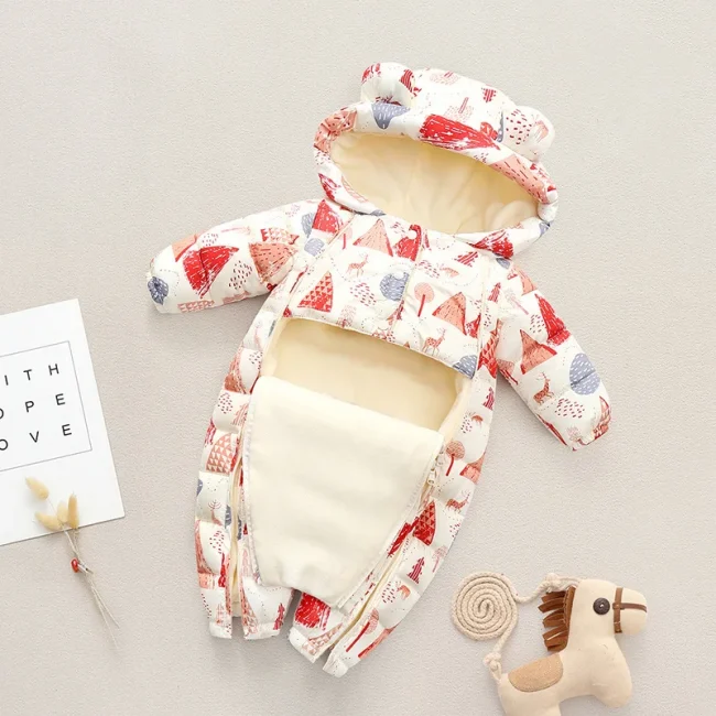 Autumn Winter Baby Jumpsuit Cartoon Printed Hooded Plus Velvet Baby Boy Snowsuit 0-2 Years Newborn Todder Overalls Infant Romper 2