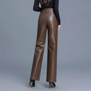 Autumn and Winter New Solid Color High Waist Pu Leather Pants, Fashion Straight Leg Long Pants, Casual Loose Wide Leg Pant Women 2