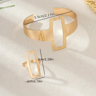 2Pcs/Set Trendy And Minimalist Geometric Square Jewelry Hollowed Out Ring And Bracelet Set Mother's Day Gift Jewelry Set 4